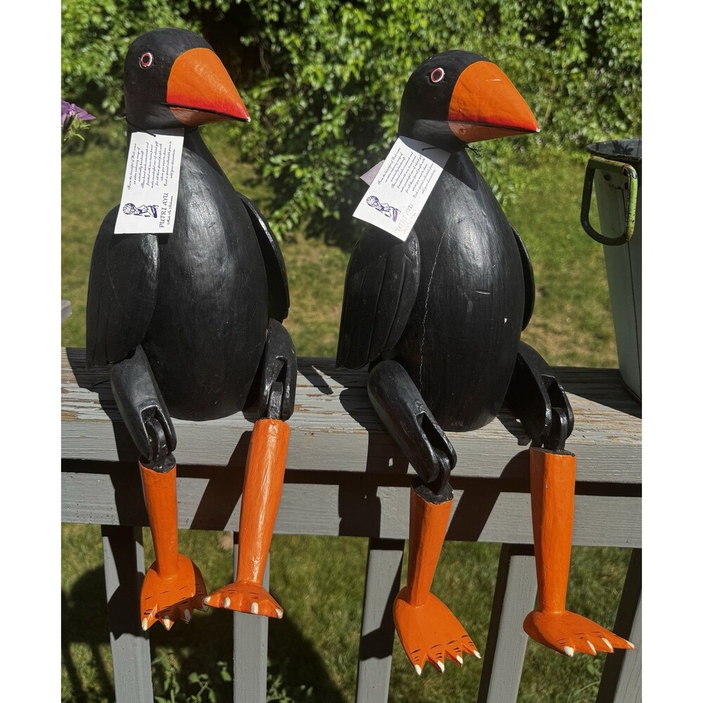 Pair Poseable Balinese Wooden Bird Figurines 19" Tall Handcrafted Jointed Decor